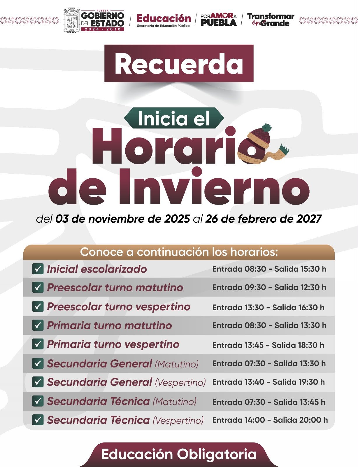 Inicia el horario de invierno para escuelas de educación básica